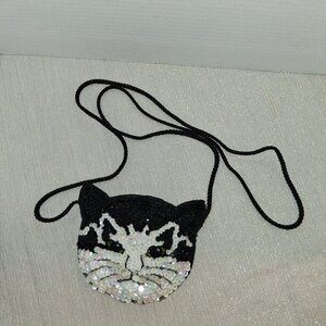 Tuxedo Cat kitty crossbody evening bag Beaded Sequins Cat face double sided
